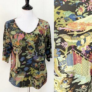 Y2K Norm Thompson Silk Blend Asian Animal Floral Print 3/4 Sleeve Top Size Large